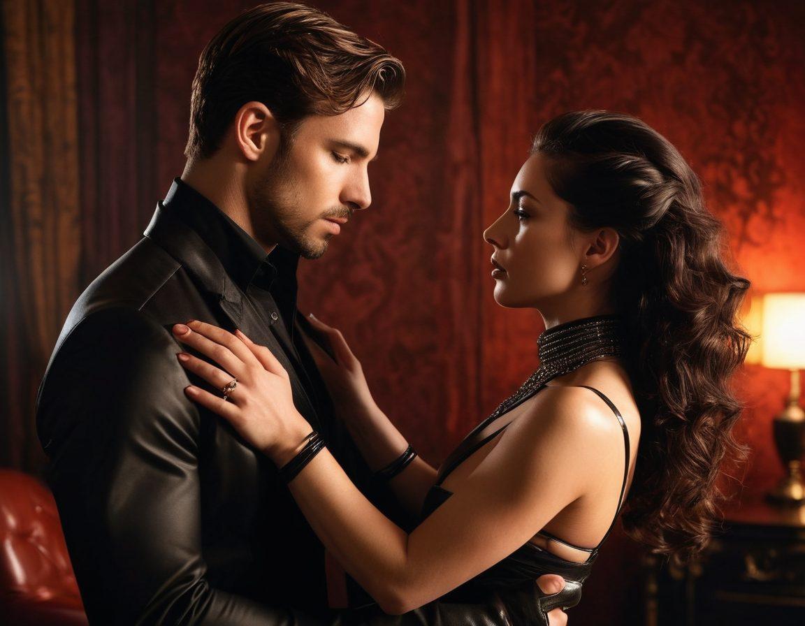 A captivating scene depicting a confident figure in a sultry, dimly-lit room, engaging in a dynamic power exchange with a submissive partner. Rich textures of silk and leather, alongside mood lighting casting soft shadows, enhance the atmosphere of intimacy and trust. Intricate details, such as elegant cuffs and a backdrop filled with artful bondage pieces, enrich the visual story of sensual domination. super-realistic. dramatic lighting. rich textures. 